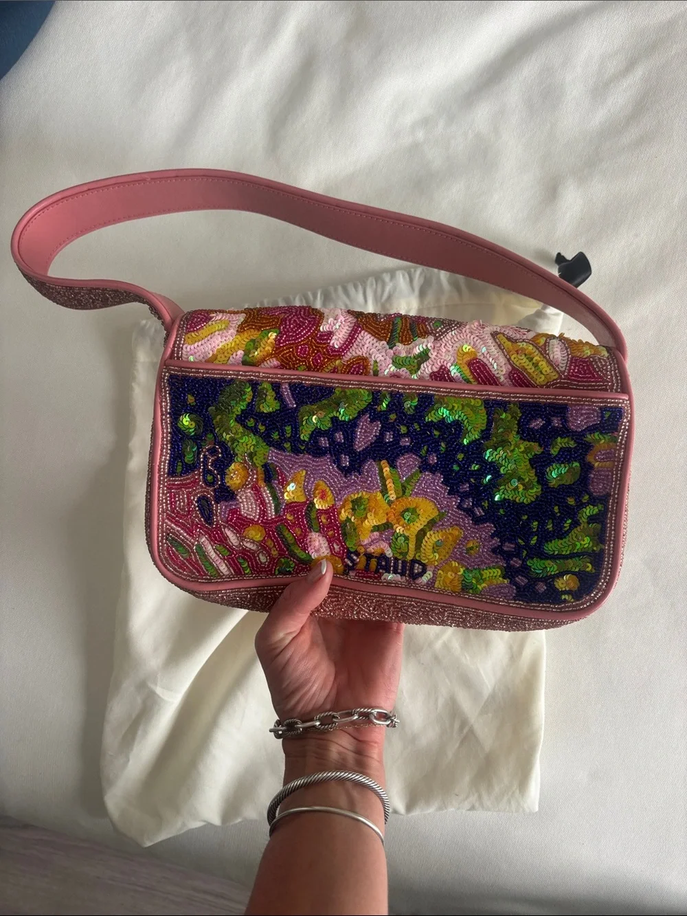 STAUD Pink Embroidered Beaded Shoulder Bag - Picture 2 of 5